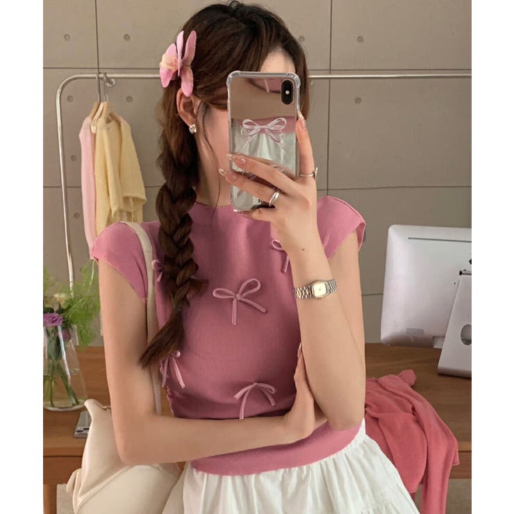ローズ | リボン付きリブニット プチハイネック夏服 | SUNSHINE CLOSET