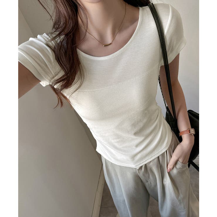 オフホワイト | リブTシャツ 異素材切り替えカットソー | Miniministore