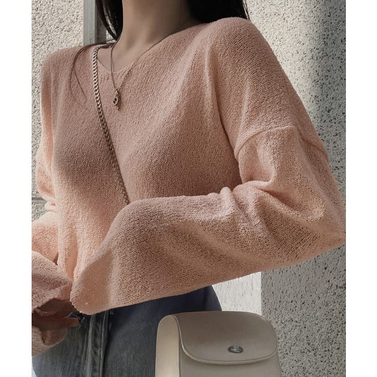 ピンク | 透け感ニットトップス Vネック 長袖春服 | Miniministore