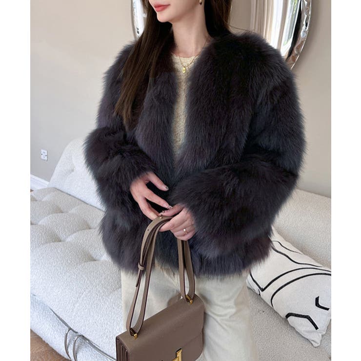 チャコールグレー | 韓国風ノーカラーフェイクファージャケット | SUNSHINE CLOSET