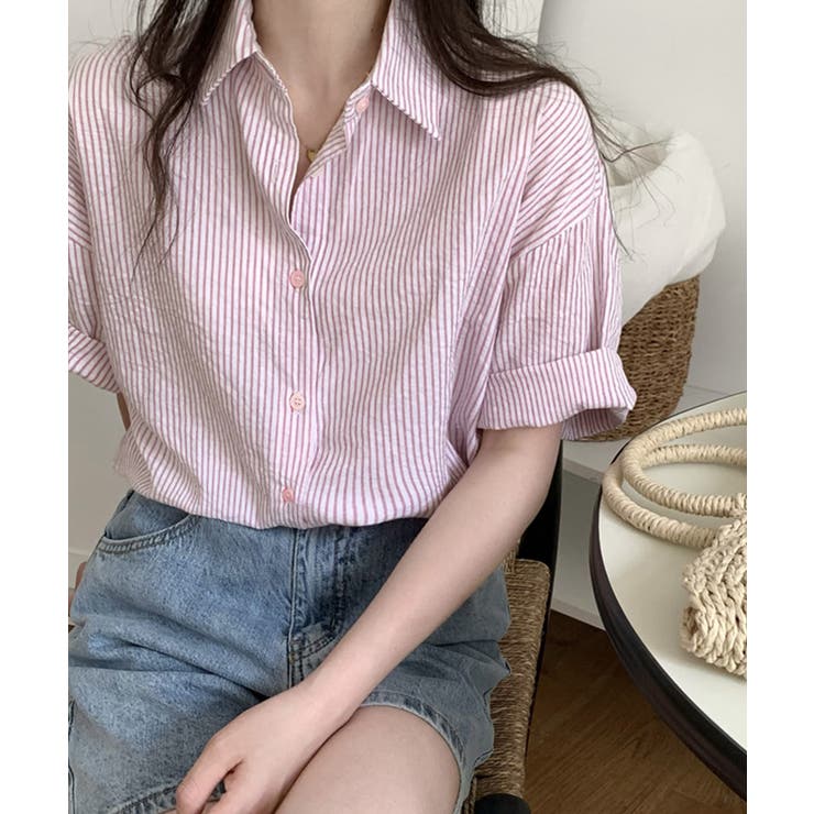 ピンク | 爽やかストライプ ゆったり半袖シャツ ナチュラルブラウス | SUNSHINE CLOSET