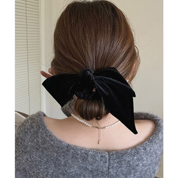 ブラック | リボン付きシュシュ ヘアゴム 韓国風 | SUNSHINE CLOSET