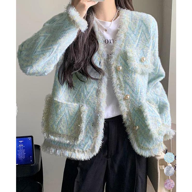 激安直営店 ラメツイード風ジャケット韓国風レディース[品番：II000012303 ジャケット・アウター