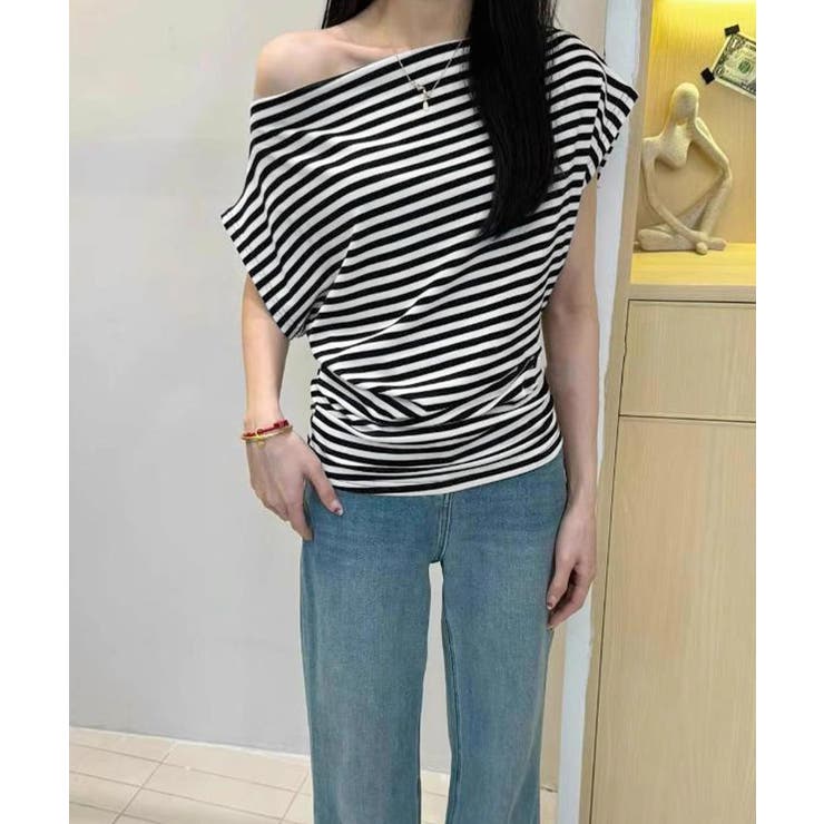 ブラック系（ボーダー） | オフショルダーカットソー サイドギャザー | Miniministore