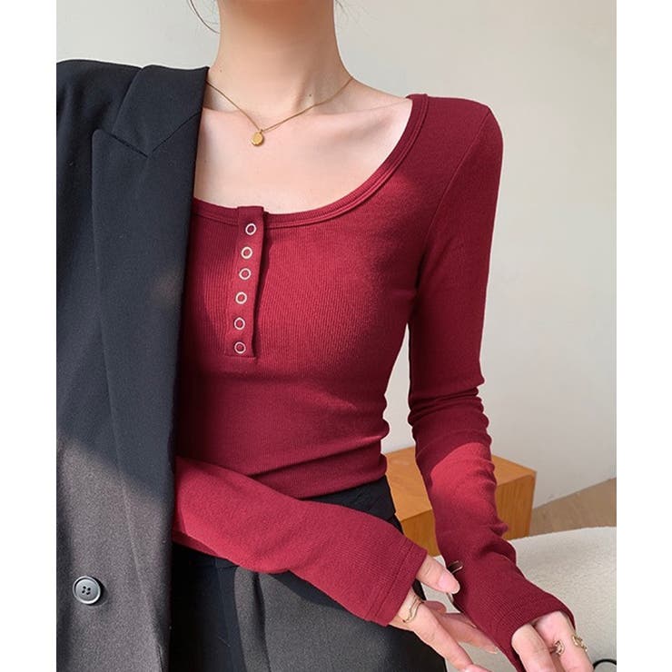 ワインレッド | カップ付きリブニットトップス暖かインナー | Miniministore