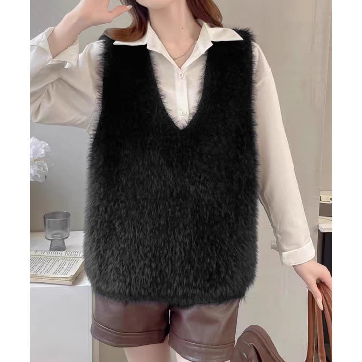 ブラック | Vネック起毛フェザーニットベストふわふわ | Miniministore