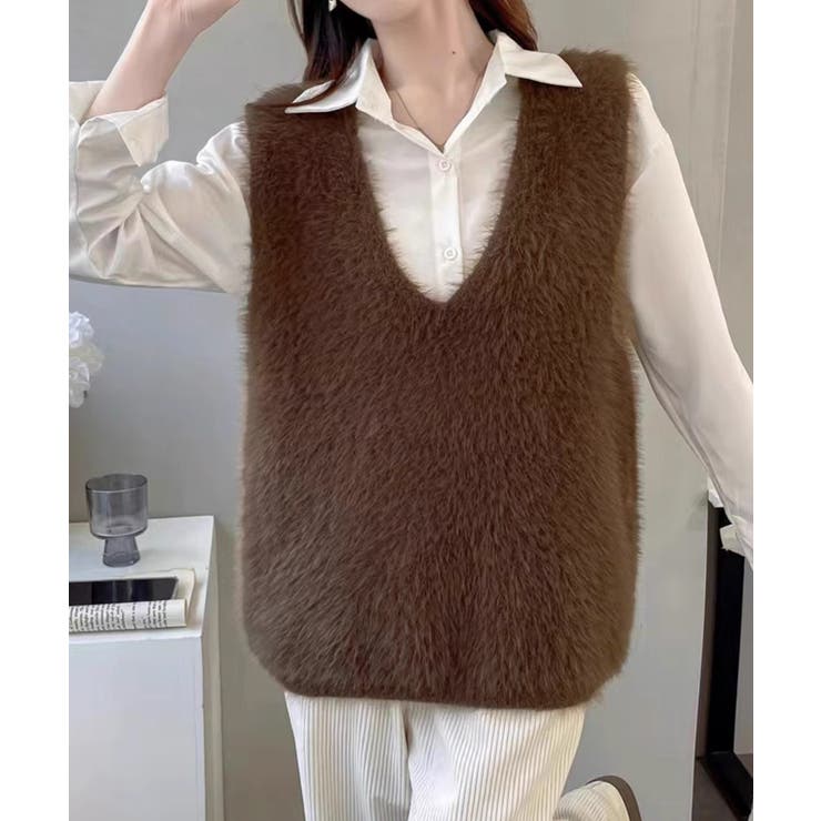 ブラウン | Vネック起毛フェザーニットベストふわふわ | Miniministore