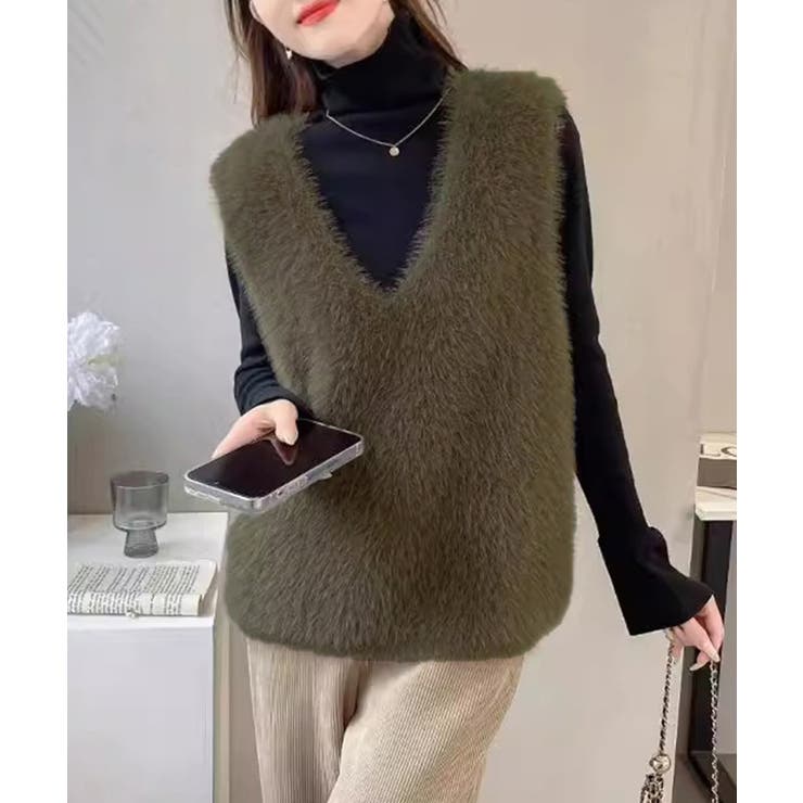 カーキブラウン | Vネック起毛フェザーニットベストふわふわ | Miniministore