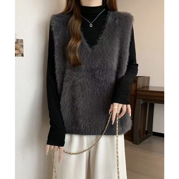 ダークグレー | Vネック起毛フェザーニットベストふわふわ | Miniministore