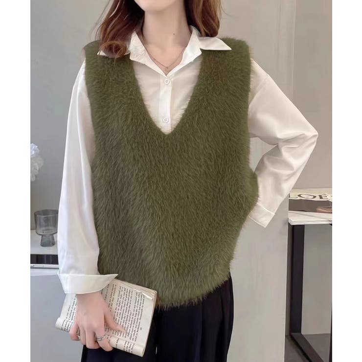 カーキ | Vネック起毛フェザーニットベストふわふわ | Miniministore