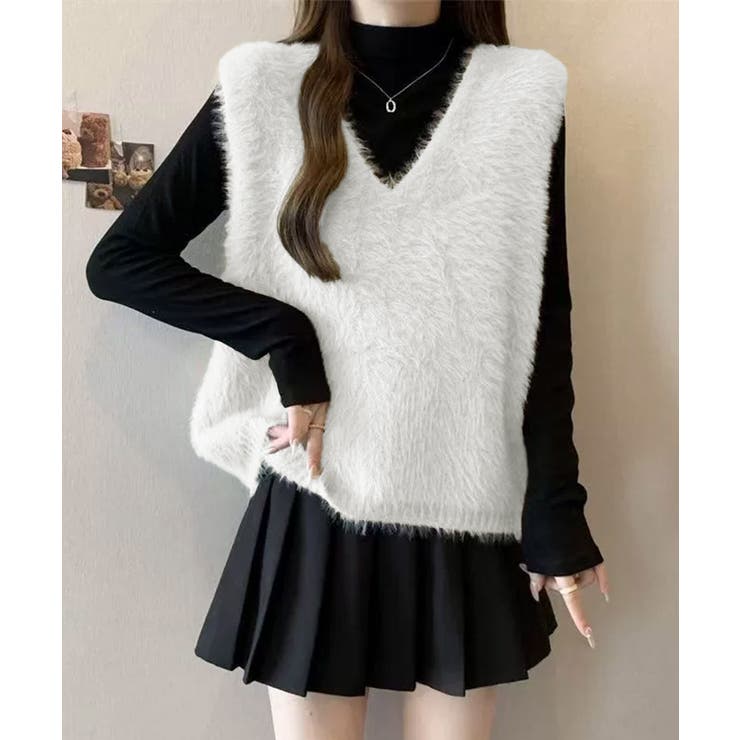 ホワイト | Vネック起毛フェザーニットベストふわふわ | Miniministore