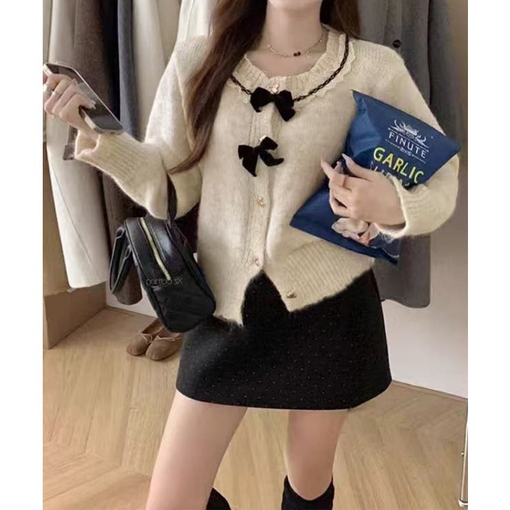 ベージュ | 襟レースニットカーディガンリボントップス | Miniministore