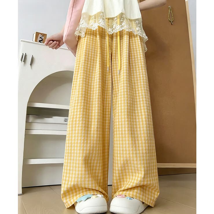 イエロー | ギンガムチェックワイドパンツハイウエスト | Miniministore