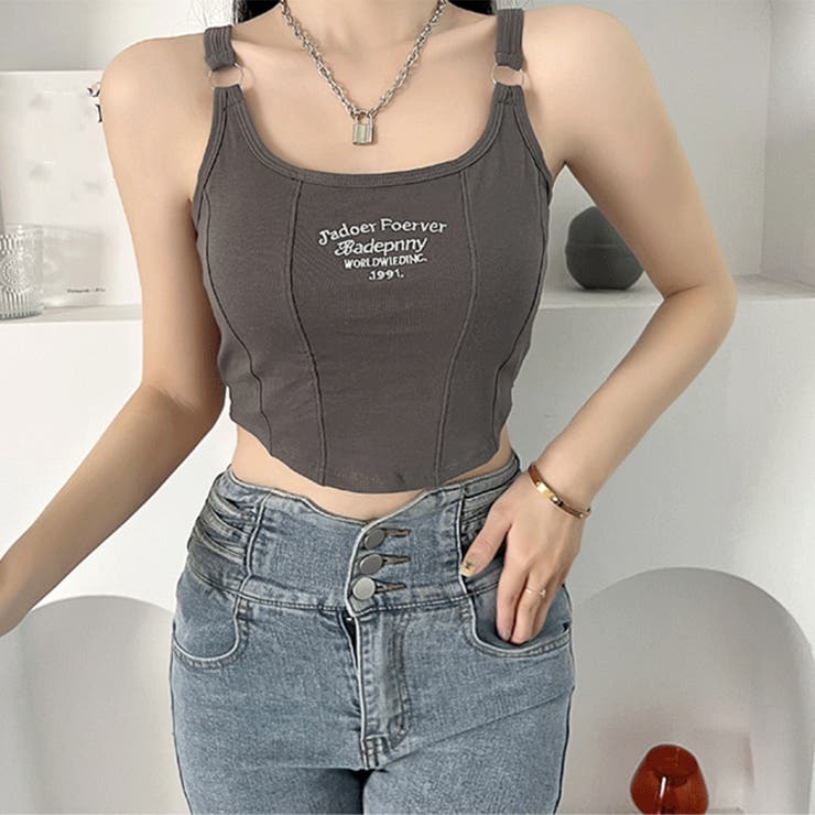 カップ付き タンクトップ ショート丈韓国[品番：II000010390