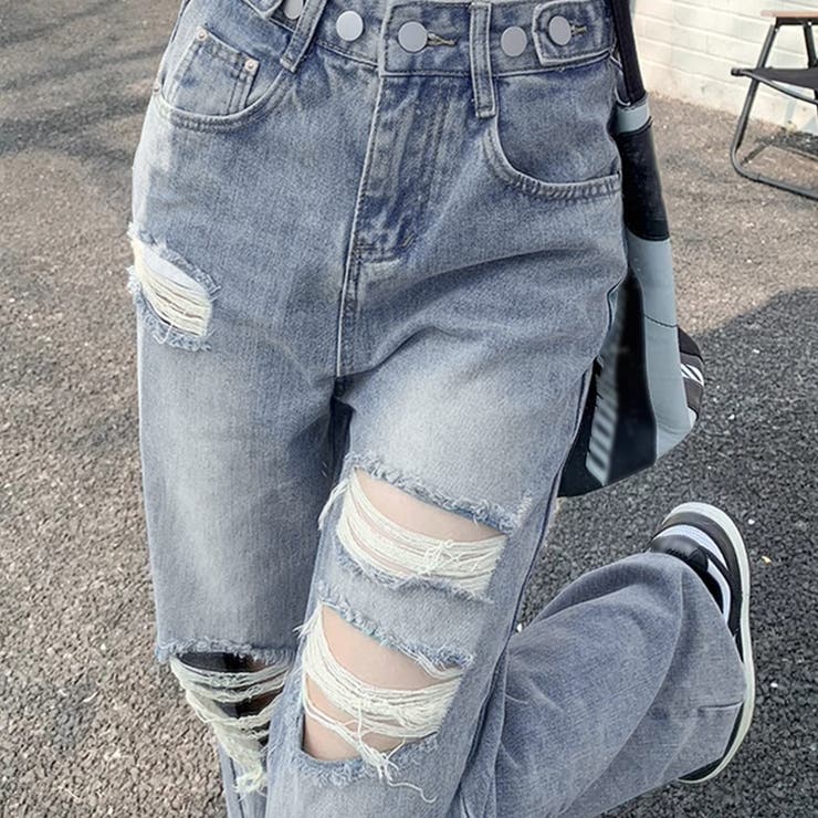 ダメージ デニムパンツ レディース着やせ[品番：AGCW0004696