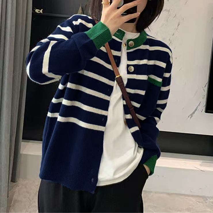ネイビー | ボーダー柄カーディガン レディースニット | Miniministore