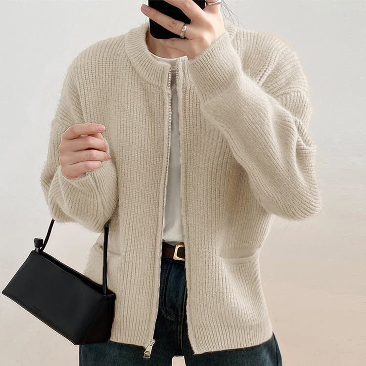 ベージュ | ニットカーディガン ジップアップアウター | Miniministore