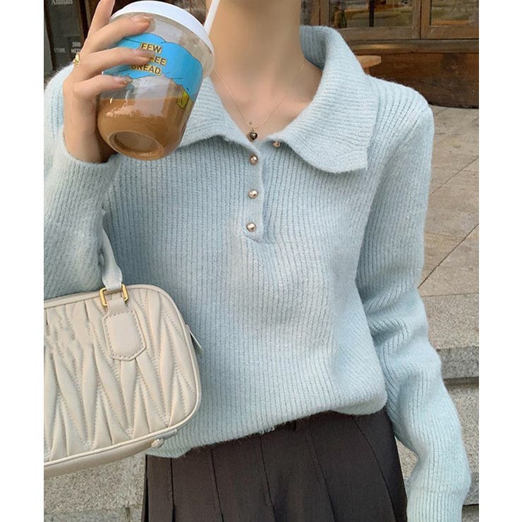 ライトブルー | ポロカラーニットトップス ゴールドボタン | Miniministore
