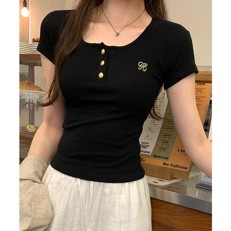 ブラック | ヘンリーネック 半袖Tシャツワンポイント | Miniministore