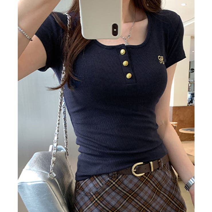 ネイビー | ヘンリーネック 半袖Tシャツワンポイント | Miniministore