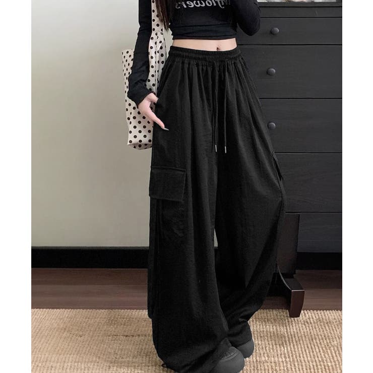 ブラック | レディース ハイウエストナイロンワイドパンツ 韓国風ワークパンツ | SUNSHINE CLOSET