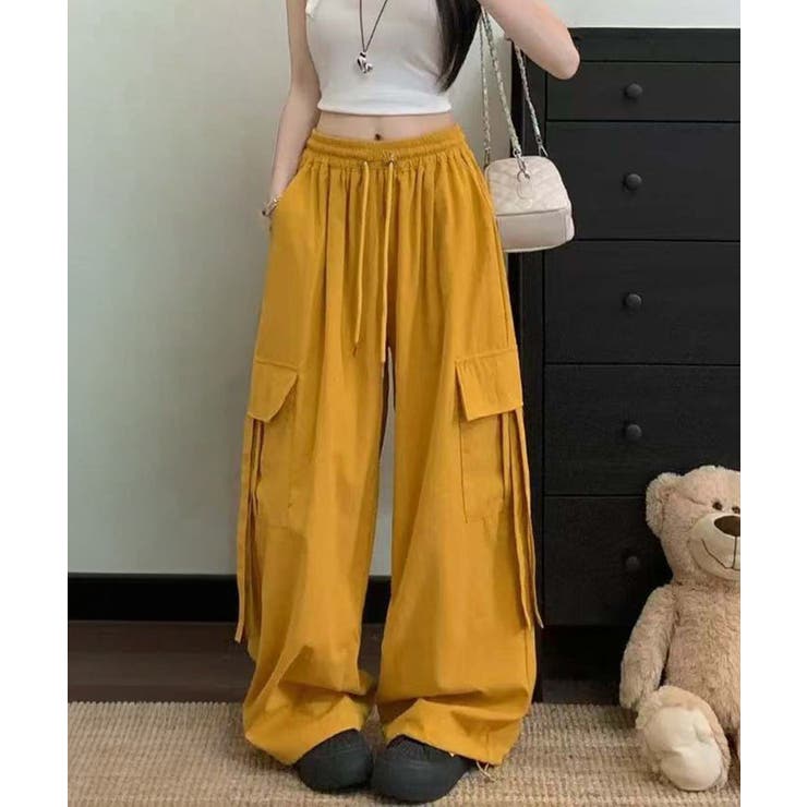 イエロー | レディース ハイウエストナイロンワイドパンツ 韓国風ワークパンツ | SUNSHINE CLOSET