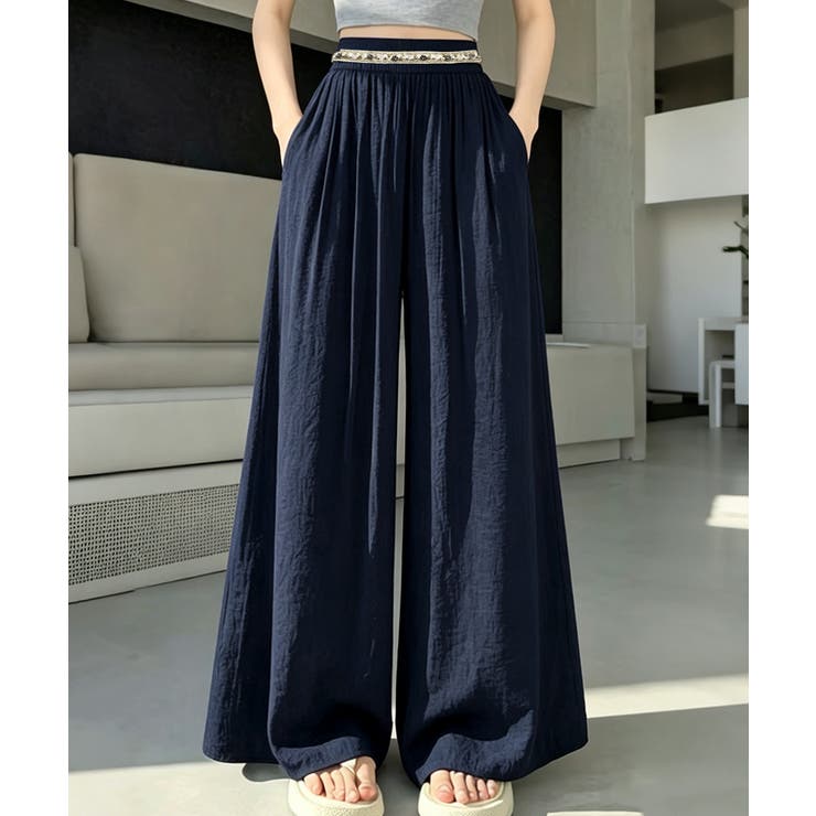 ネイビー | ロングパンツレディース リラックスイージーパンツ 脚長落ち感パンツゆったり | SUNSHINE CLOSET
