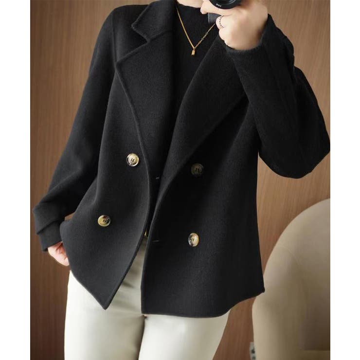 ブラック | ウールタッチダブルブレストショートコート | Miniministore