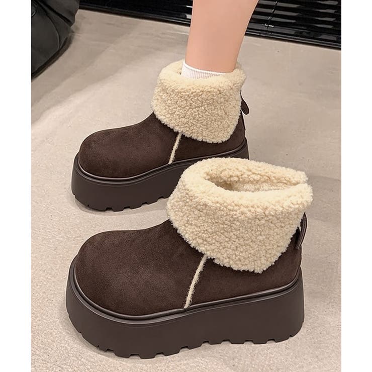 ブラウン | 厚底ボアムートンショートブーツ秋冬防寒靴 | Miniministore