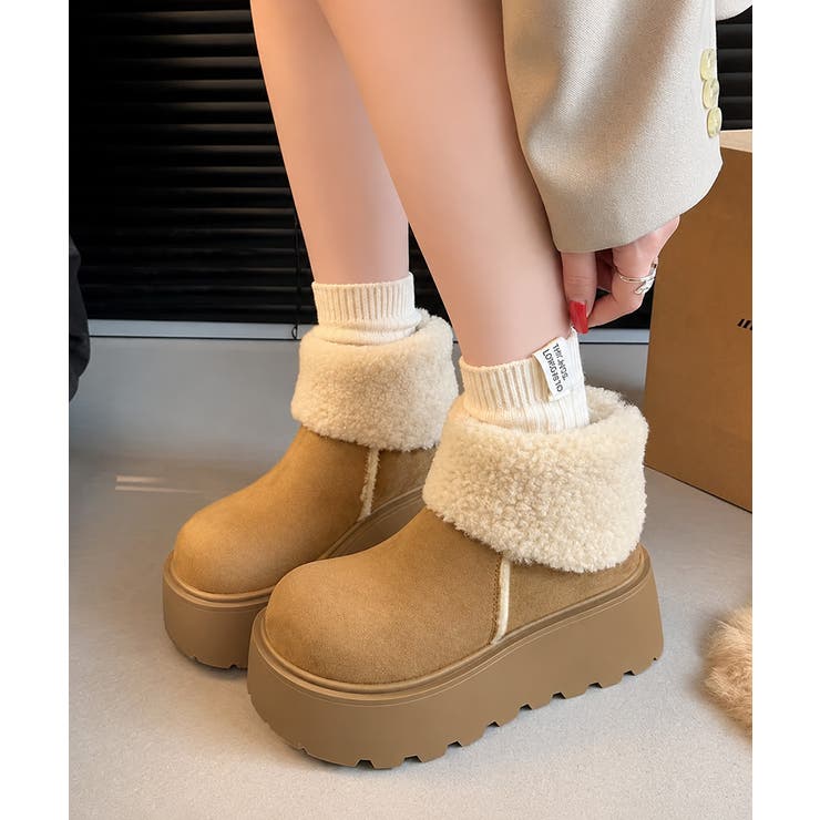 キャメル | 厚底ボアムートンショートブーツ秋冬防寒靴 | Miniministore