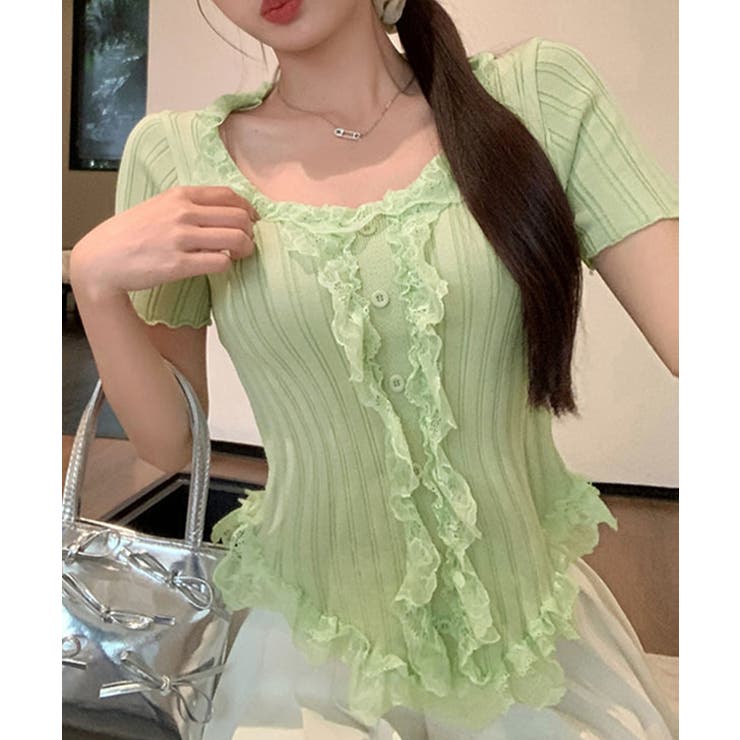 新品　リネンコンビFRILLニットトップス レースフリルニットトップスショート丈夏服[品番：II000012846