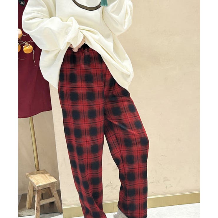 裏起毛チェック柄パンツ 裏ボアパンツ防寒[品番：AGCW0005967