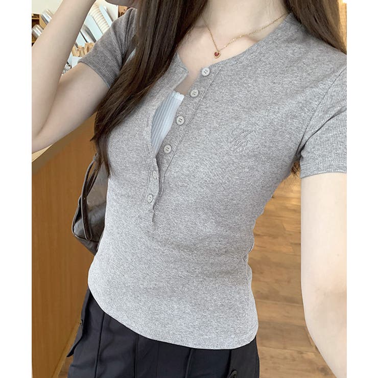 グレー | ヘンリーネックTシャツワンポイントロゴt | Miniministore