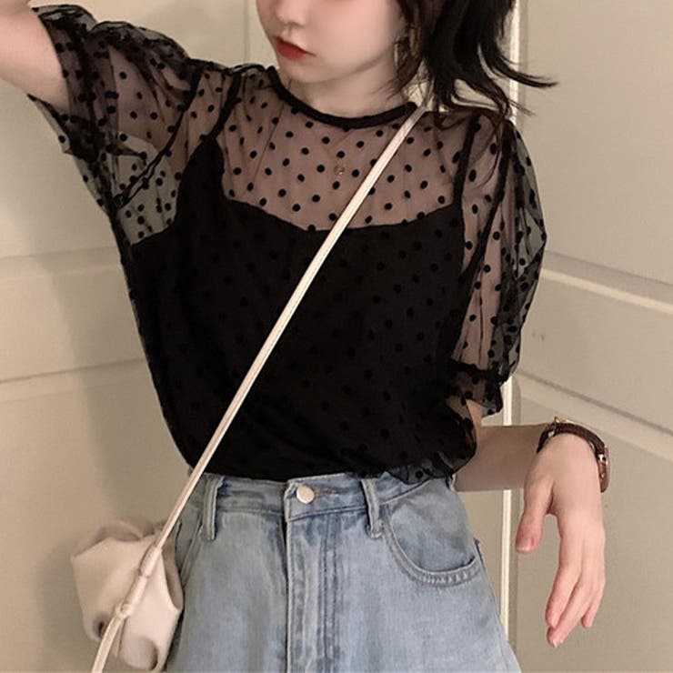 ブラック | ドット柄 シアーブラウス レディース | Miniministore