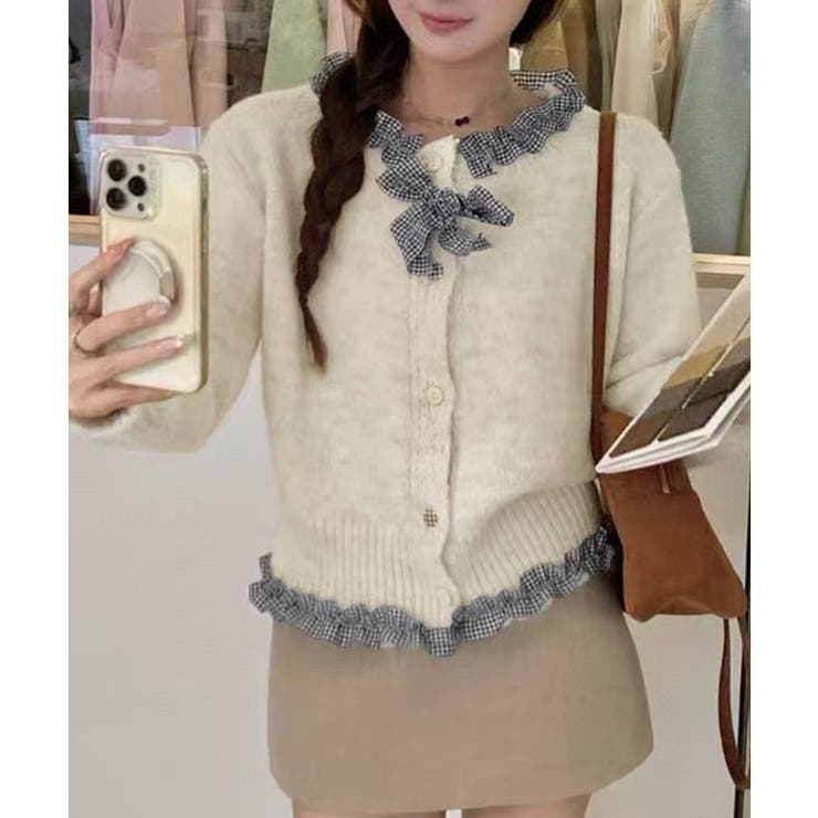 アイボリー | フリルカラーニットリボンカーディガン甘め | SUNSHINE CLOSET