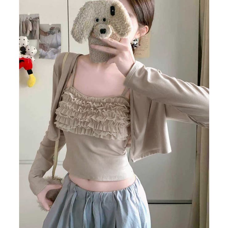 グレイッシュベージュ | レディースインナーフリルキャミソールカップ付き おしゃれショートカーディガン長袖… | SUNSHINE CLOSET