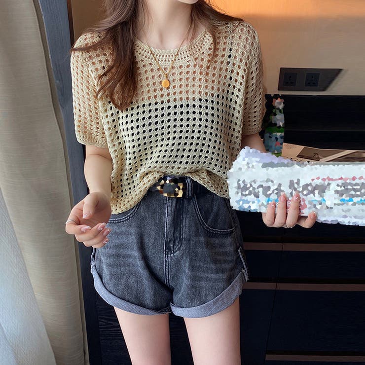 メッシュサマーニット レディース半袖夏服[品番:AGCW0004421 メッシュサマーニット レディース半袖夏服[品番:AGCW0004421