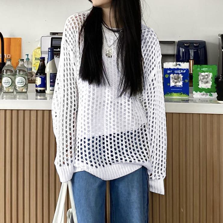 メッシュニット 透かし編みトップス 長袖[品番：AGCW0004724