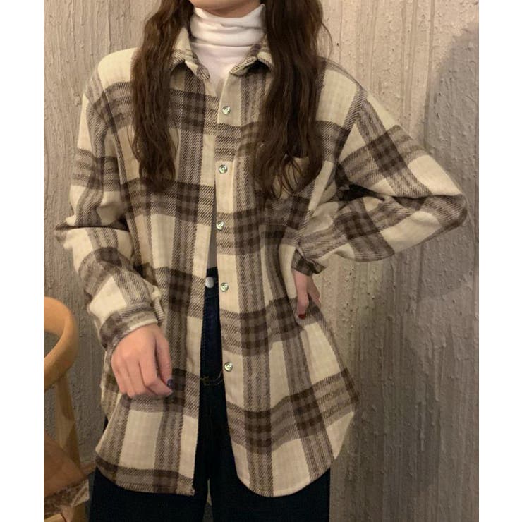 ベージュ | 裏起毛チェックシャツジャケット ゆったり | Miniministore