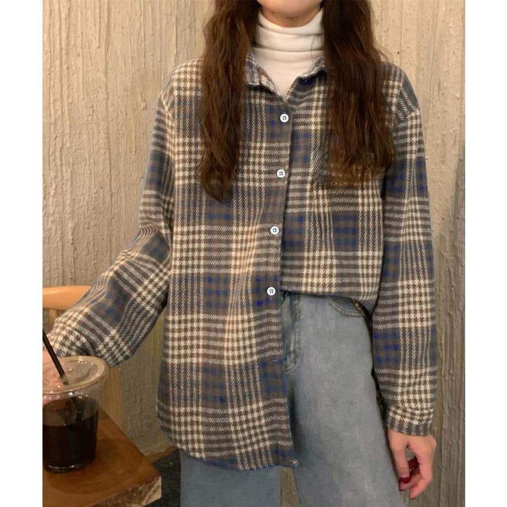 ブルー | 裏起毛チェックシャツジャケット ゆったり | Miniministore