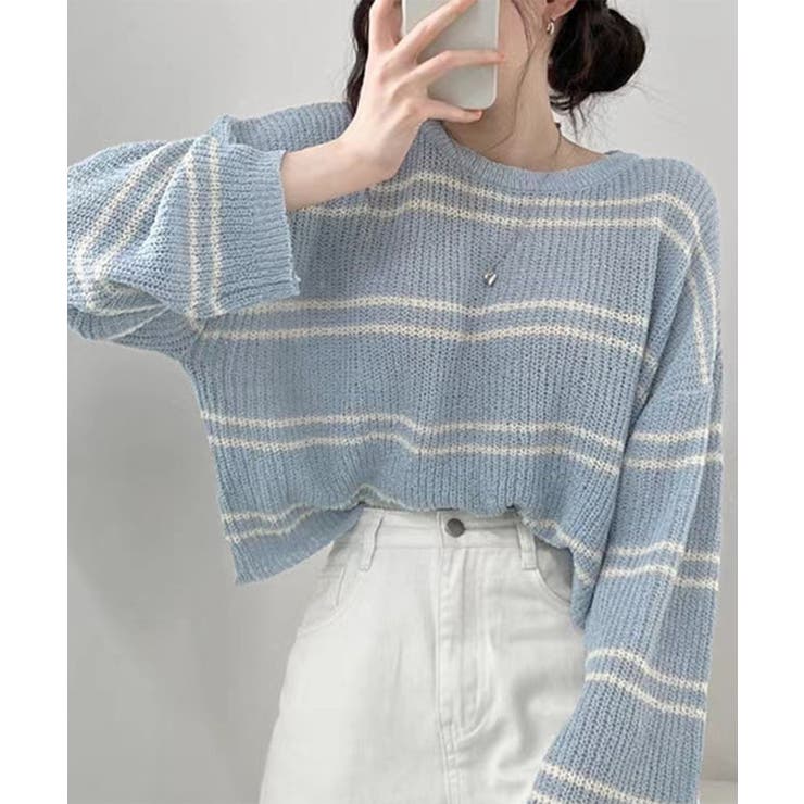 夏の可愛い変形ボーダーミニトップス♥️お出かけ普段着に最適 miniministore ボーダー柄ニットトップス レディース
