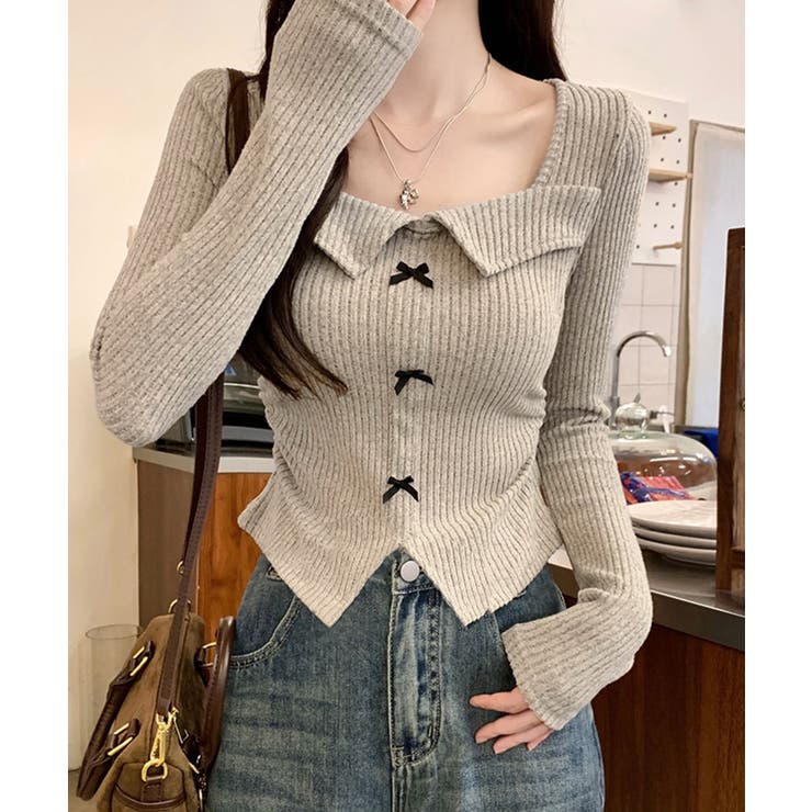 グレイッシュベージュ | リボンニットトップス スクエアネック秋服 | Miniministore
