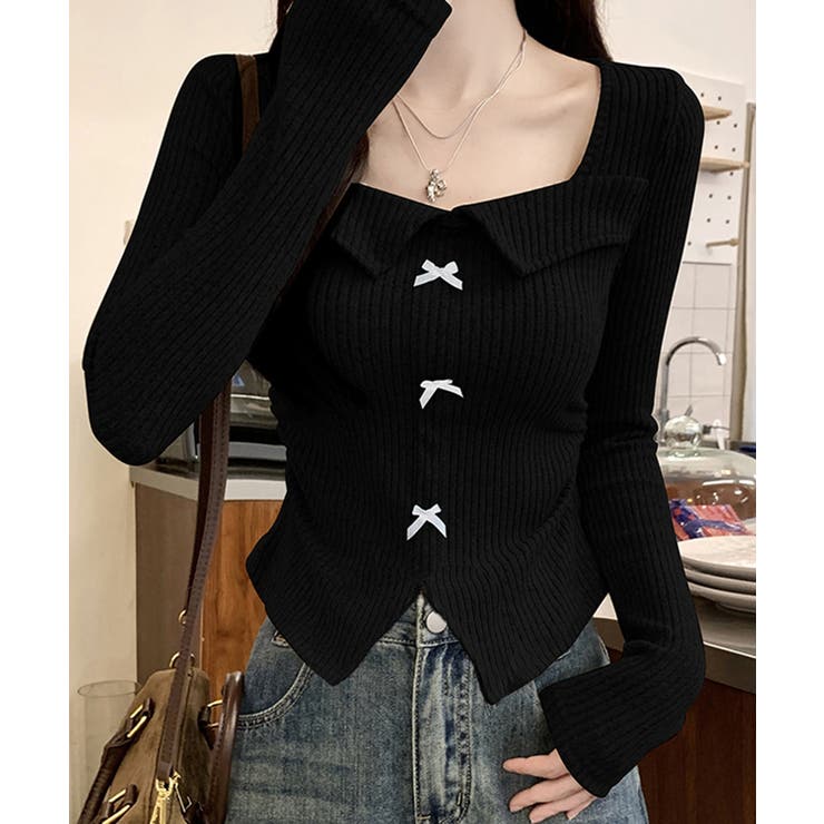 リボンニットトップス スクエアネック秋服[品番：AGCW0006875