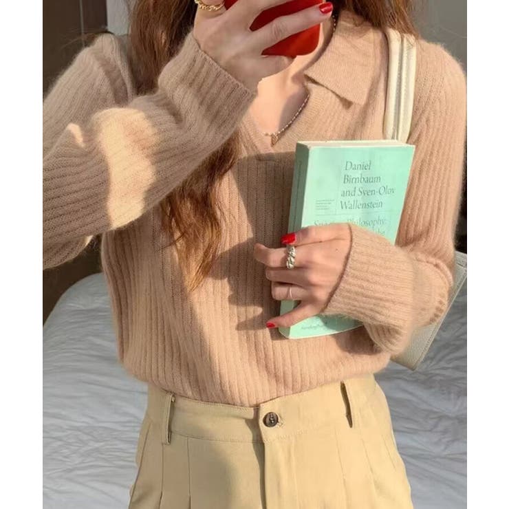 ピンクベージュ | スキッパーニット韓国風リブニットトップス | Miniministore