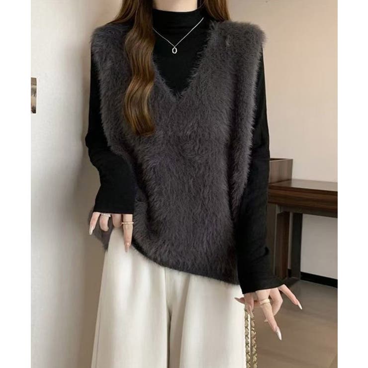 Vネック起毛フェザーニットベストふわふわ | Miniministore | 詳細画像4 