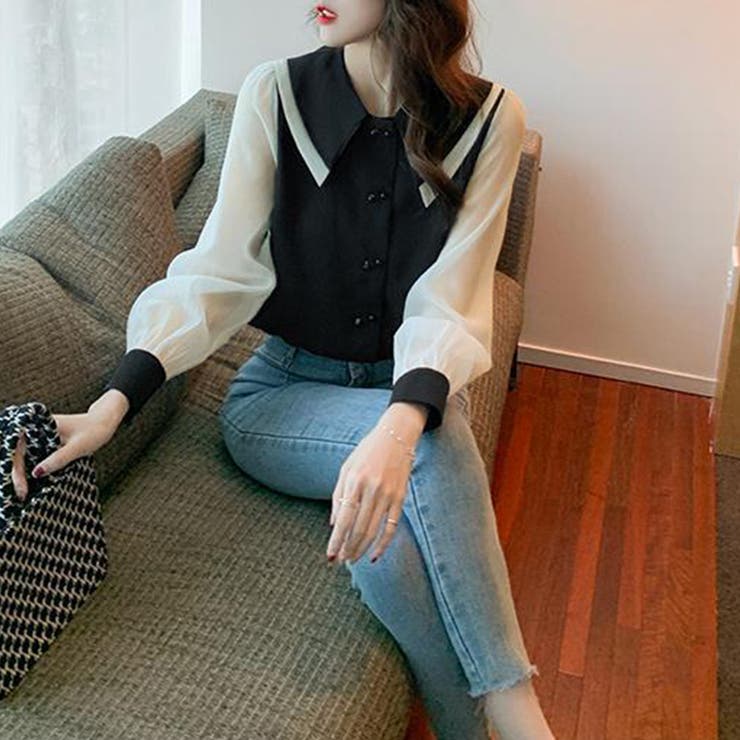 ダブル襟 シフォンブラウスレディース長袖 オフィスカジュアル | Miniministore | 詳細画像5 