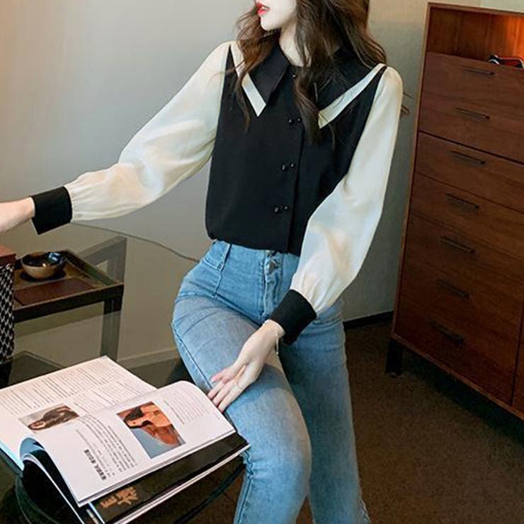 ダブル襟 シフォンブラウスレディース長袖 オフィスカジュアル | Miniministore | 詳細画像6 