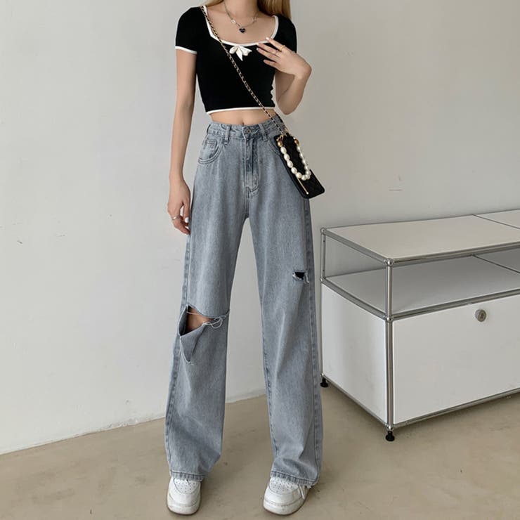 ダメージ デニムパンツ レディース着やせ[品番：II000010593