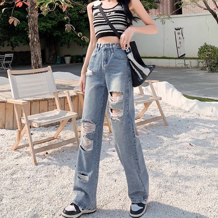 mici ダメージデニムパンツ ダメージ デニムパンツ レディース着やせ[品番：II000010882