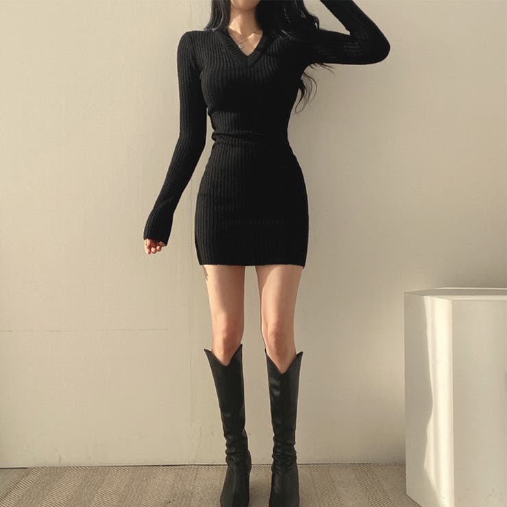 【一部予約販売中】 ミニニットワンピース スリムフィット韓国[品番：II000009678 ワンピース